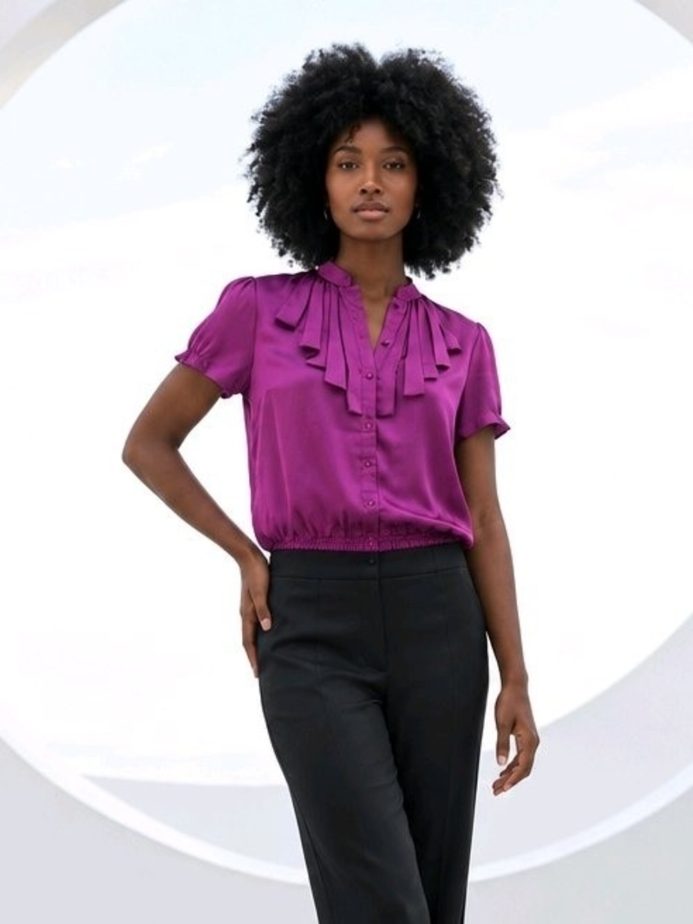 Fred David Purple Satin Finish Ruffle V-Neck Blouse with Smocked Hem